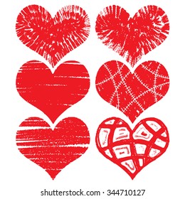 Heart icons set, hand drawn icons in red color for valentines. Collection of grunge vector hearts for wedding. Made of chalk and watercolour.