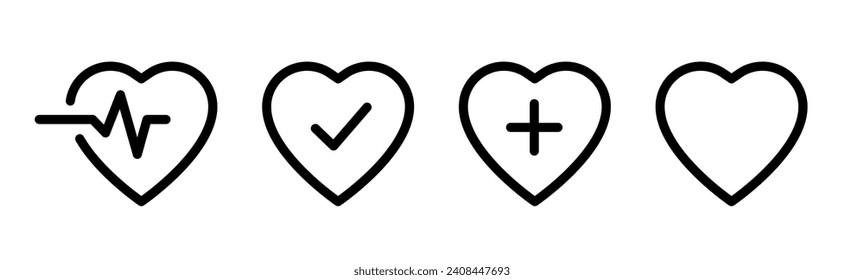 Iconos de corazón establecidos. Icono de latido. Signos de corazón médico. Signo de cardiograma. Símbolos medicinales. Trazo editable. Vector