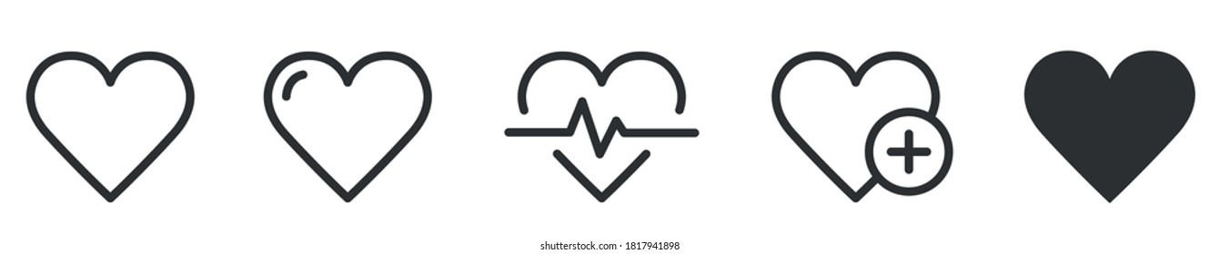 Heart icons set. Heartbeat, nubes, pulse, heart beat, cardiogram, medicine, health sumbol collection. Love passion concep line style icon - stock vector.