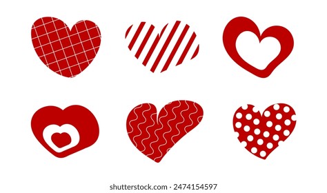 Heart icons set. A set of hearts. Hand-drawn hearts with patterns. Red and white hearts icons. Patterned hearts icons.
