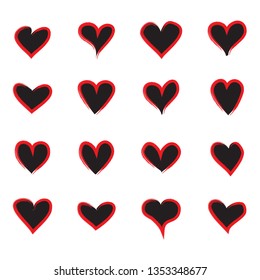 Heart icons set isolated on white background. Modern collection of different black hearts for sticker, label, tattoo art, love logo and Valentine's day. Creative art concept, vector illustration