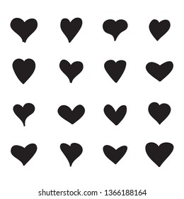 Heart icons set isolated on white background. Modern collection of different black hearts for sticker, label, tattoo art, love logo and Valentine's day. Creative art concept, vector illustration