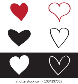 Heart icons set isolated on white background. Modern collection of different red, black and white hearts for sticker, label, tattoo art, love logo and Valentine's day. Vector illustration