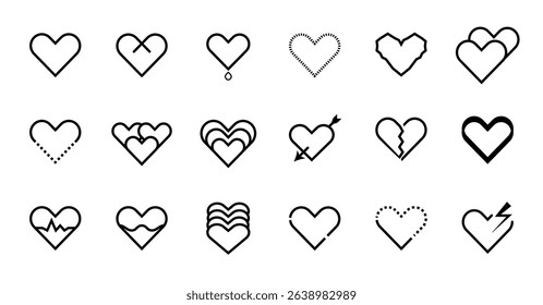Heart Icons Set. Love, romance, and emotions in line style. Minimalist heart symbols in outline style. Great for dating apps, romantic messages, and emotional branding.