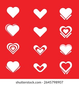 Heart icons. Set of love symbols. Set of heart trend icons isolated on Red background.