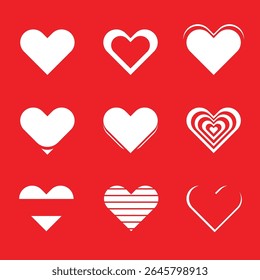Heart icons. Set of love symbols. Set of heart trend icons isolated on Red background.