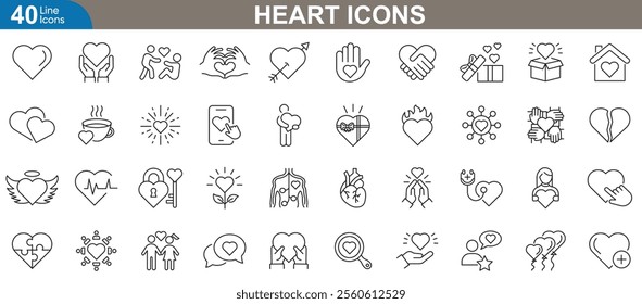 Heart icons set. Love, valentine, health, relationship, passion, caring, wedding, emotions and more. Thin line icon vector illustration.