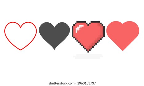 Iconos de corazón establecidos. Signo de amor de forma vector de contorno en un fondo. Símbolo de corazón de 8 bits