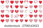 Heart icons set. Red heart icon collection. Romantic, broken, cupid, medical, pixel, outlined, and textured designs. Hand drawn hearts. Isolated vector icons.
