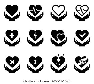Conjunto de ícones do coração: sólido, contorno, batimento cardíaco, mais, relâmpago, coração duplo, marca de verificação, cruz, buraco de fechadura, cintilante, em gráficos vetoriais de mãos de apoio