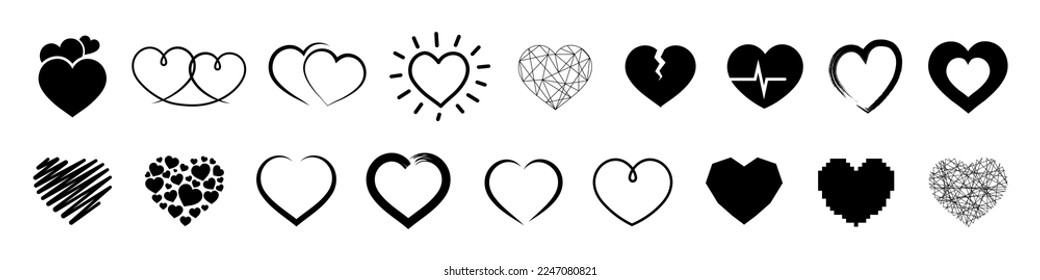 Iconos de corazón establecidos. Conjunto de iconos de los corazones negros vectoriales