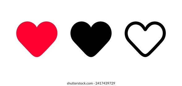 Heart icons set. Vector color and black glyph and line icons isolated on white background.