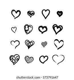 Heart icons set-vector Ink illustration,for valentine and wedding.Thin line brushed contour.Collection of artistic passion symbols for web site,app,invitation marriage cards and promotional materials