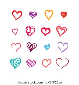 Heart icons set-vector Ink illustration,for valentine and wedding.Thin line brushed contour.Collection of artistic passion symbols for web site,app,invitation marriage cards and promotional materials