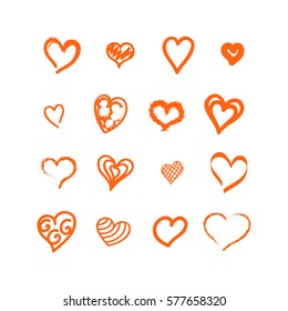 Heart icons set-vector Ink illustration,for valentine and wedding.Thin line brushed contour.Collection of artistic passion symbols for web site,app,invitation marriage cards and promotional materials