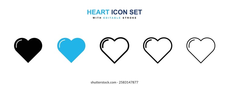 Heart icons vector collection in black and blue colors on white background