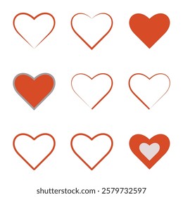 Heart icons. Vector flat style illustration set collection of 9 hearts isolated on a white background - contour, red silhouette, and broken heart. High-quality full editable eps file is available.