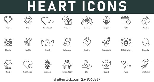 Iconos de corazón Ilustración vectorial con línea delgada editable golpe contiene vida latido del corazón regalo popular emocional como corazón roto amabilidad cuidado de la salud honestidad celebración ángel saludable