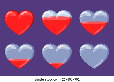 Heart icons vector isolated. Game art, set of life symbols. Full, half full and empty heart. Level of health indication.