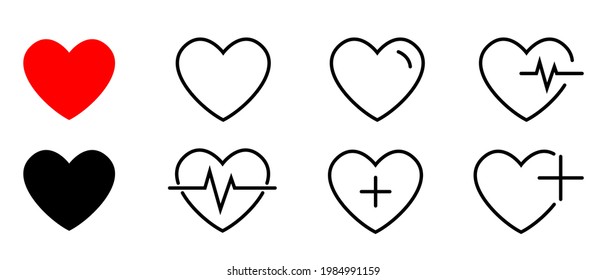 Heart icons vector set. Set of heartbeat icon on an isolated background of different shapes. Cardiogram heart logo symbol in linear style for your design. Vector illustration EPS 10