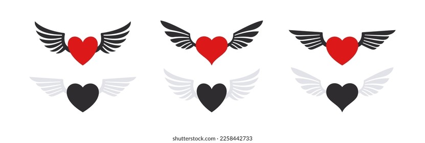 Heart icons with wings. Symbols of love. Emoticons hearts. Vector images