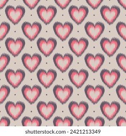 Herzkat nahtloses Muster auf rosafarbenem Hintergrund. Herznahtloses Muster in Folkstickerei. Design für Hintergrund, Tapete, Illustration, Stoff, Kleidung, Teppich, Textilien, ethnische, Batik, Stickereien.