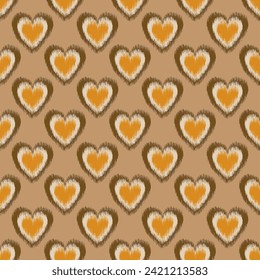 Heart Ikat seamless pattern on brown background. Seamless pattern in folk embroidery. Design for background, wallpaper, illustration, fabric, clothing, carpet, textile, ethnic, batik, embroidery.