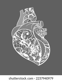 heart illustration, anatomical. Lace pattern.