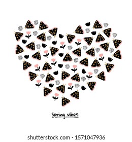 Heart illustration with decorative butterflies moth and polka dots on white background with lettering. Scandinavian style love illustration. For modern and original textile tshirt, bag, wrapping paper