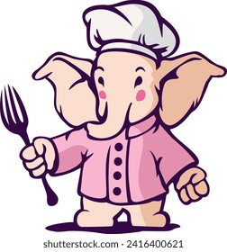 At the heart of the illustration, the elephant chef stands gracefully, with its trunk expertly handling kitchen utensils