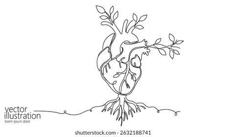 Ilustração do coração cresce com ramos folhas. Coração anatômico eco amigável. Projetos relacionados à natureza de bem-estar da saúde. Estilo de arte de linha com fundo branco limpo