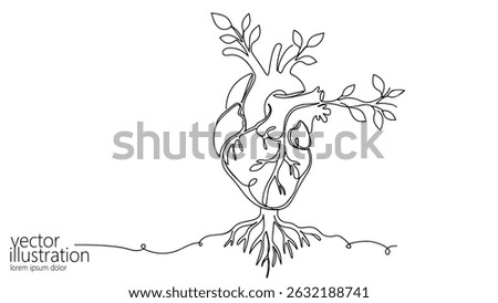 Heart illustration grows with branches leaves. Anatomical heart eco friendly. Healthcare wellness nature related projects. Line art style with clean white background