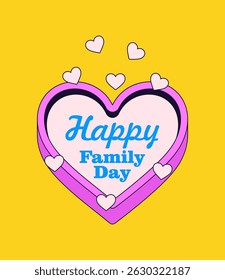 Heart illustration with "Happy Family Day" text and cute pink hearts. Ideal for family-themed greeting cards and posters in cartoon hand drawn vector style