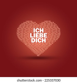 Heart illustration with main phrase "I love you" in German.