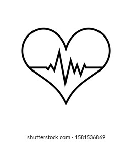 Heart illustration with pulse inside. Black line art on white background. Illustration for valentines day, love or healthcare and medical companies. Heartbeat icon for cardiology. Vector image