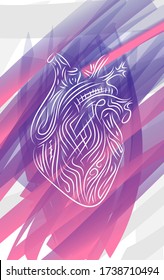 Heart illustration, seams and scars on heart. Artistic calligraphic brushes with pink and purple colors gradient on background.