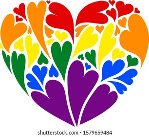 Heart illustration shape made of many smaller hearts inside, LGBT colors for gay and lesbian pride and support. For valentines day and love symbol and icon. Non-traditional sexual orientation. Vector