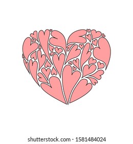 Heart illustration shape made of many smaller hearts inside, pink hearts on white background. For valentines day and love symbol and icon. For printing on greeting card during holiday. Vector