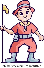 At the heart of the illustration is the spirited boy, dressed in comfortable and practical explorer attire.