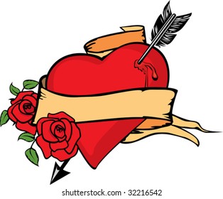 Heart impaled by arrow with two roses.