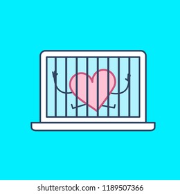 Heart imprisoned in laptop. Vector concept illustration of heart and emotions trapped inside computer | flat design linear infographic icon on blue background