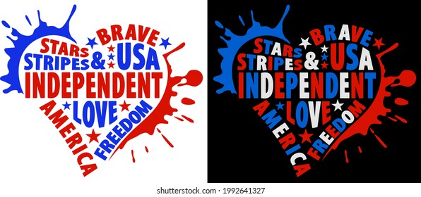 Heart with independence day phrases. Celebration of 4th of July USA Independence Day vector tee shirt design. Designed in Stars and Stripes. 