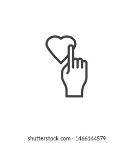 Heart and index finger line icon. linear style sign for mobile concept and web design. like click outline vector icon. Symbol, logo illustration. Vector graphics
