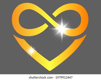 Heart with infinity sign - polyamory symbol - vector full color illustration. The golden sparkling sign of infinity and heart is a symbol of endless, eternal love. Polyamory logo for Valentine's Day.