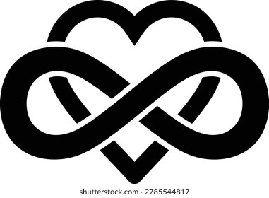 Heart and infinity symbol intertwined representing eternal love and boundless compassion, black icon as isolated element