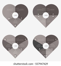 heart infographic template pie black charts with 3, 4, 5, 6 steps
