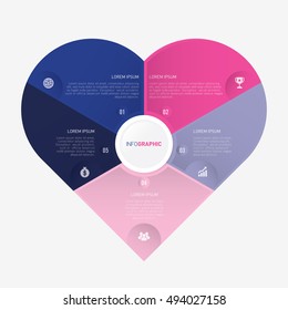 heart infographic template pie blue and pink charts with 5 steps