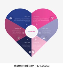 heart infographic template pie blue and pink charts with 6 steps