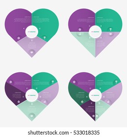 heart infographic template pie green and purple charts with 3, 4, 5, 6 steps