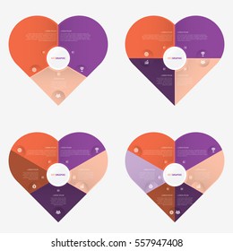 heart infographic template pie orange and purple charts with 3, 4, 5, 6 steps